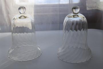 catalog photo of vintage hand blown glass bell cloche display domes, swirl clear glass bells matching pair