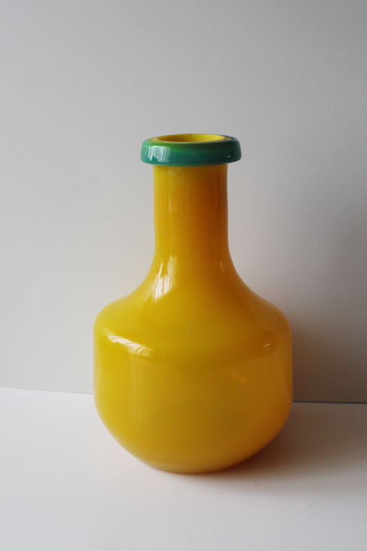 photo of vintage hand blown glass bottle vase Peking yellow orange glass w/ aqua blue #1