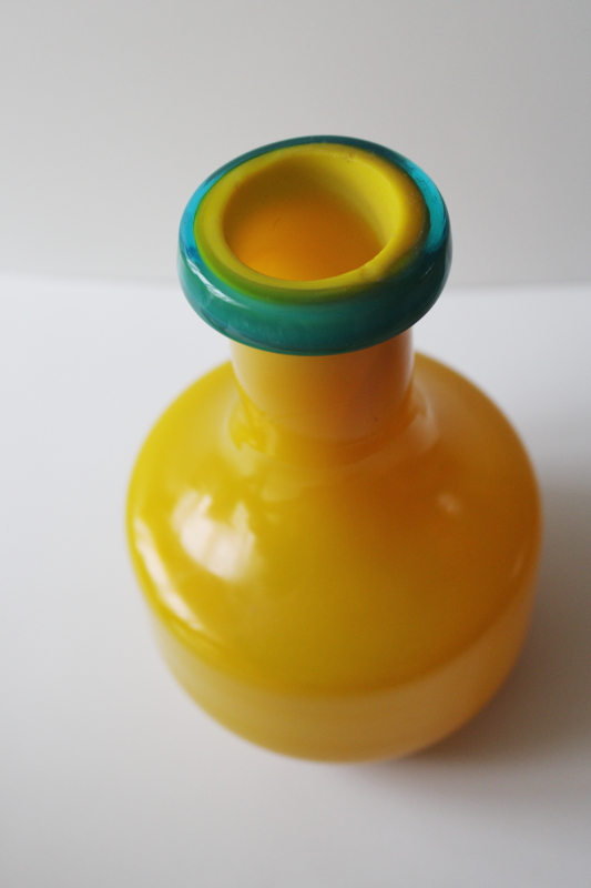 photo of vintage hand blown glass bottle vase Peking yellow orange glass w/ aqua blue #2