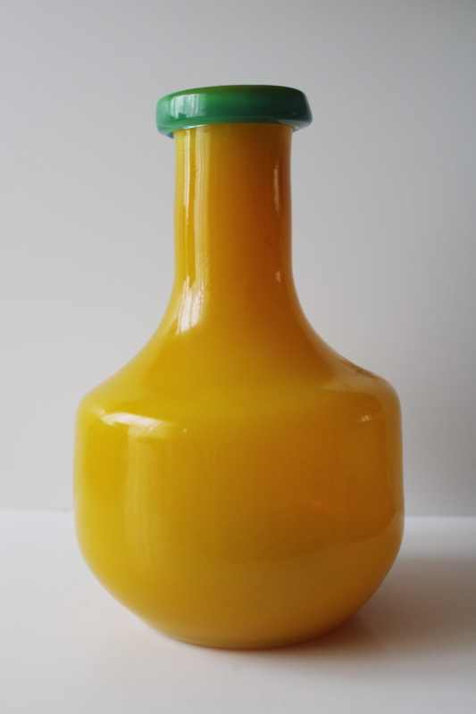 photo of vintage hand blown glass bottle vase Peking yellow orange glass w/ aqua blue #5