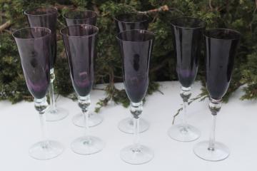 catalog photo of vintage hand blown glass champagne glasses tall flutes, clear stems amethyst glass