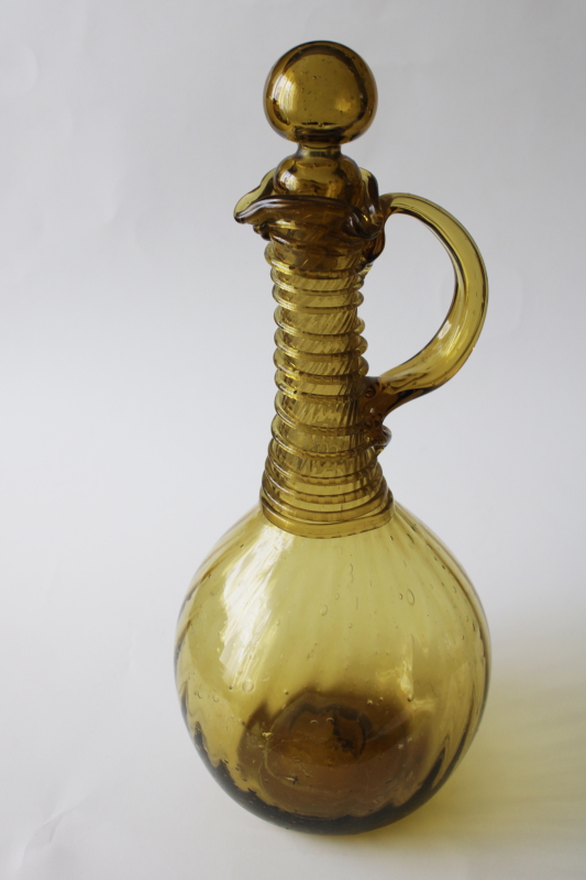 photo of vintage hand blown glass decanter or oil bottle cruet, olive green glass made in Spain #1