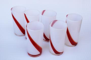 catalog photo of vintage hand blown glass drinking glasses, red & white swirl striped tumblers