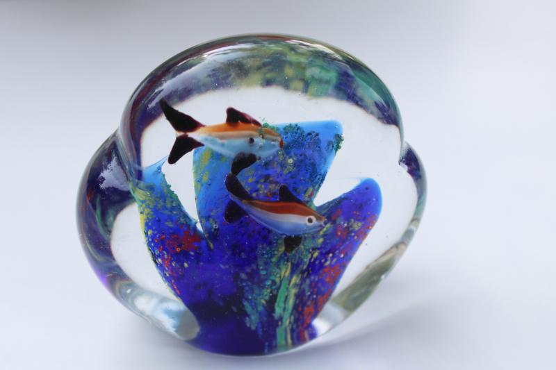 photo of vintage hand blown glass fish bowl paperweight, murano style art glass #1