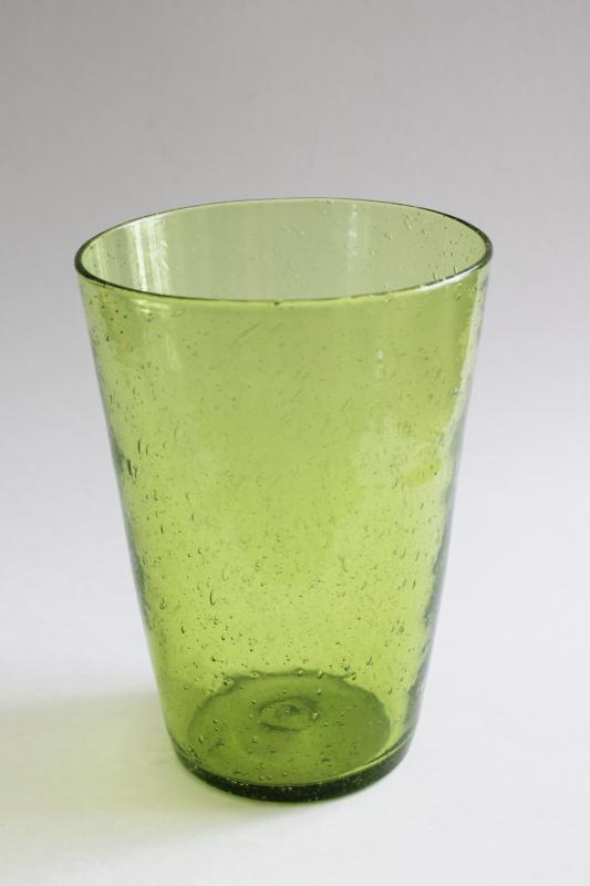 photo of vintage hand blown glass flower bucket vase, celery green seeded bubbles art glass #1