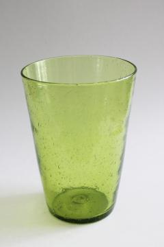 catalog photo of vintage hand blown glass flower bucket vase, celery green seeded bubbles art glass