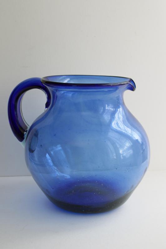 photo of vintage hand blown glass pitcher, cobalt blue Mexican glass large jug #1