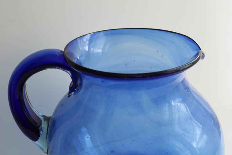 photo of vintage hand blown glass pitcher, cobalt blue Mexican glass large jug #2