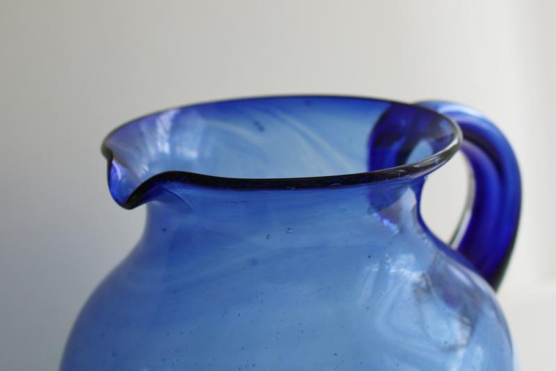 photo of vintage hand blown glass pitcher, cobalt blue Mexican glass large jug #4