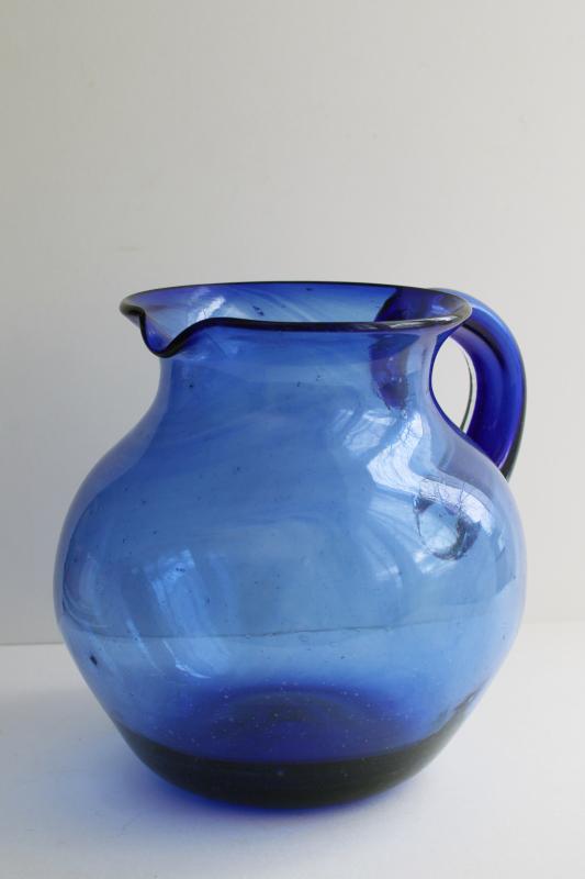 photo of vintage hand blown glass pitcher, cobalt blue Mexican glass large jug #6