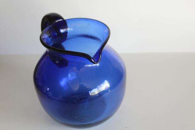 photo of vintage hand blown glass pitcher, cobalt blue Mexican glass large jug #5