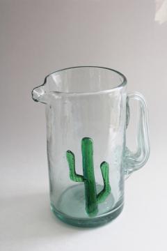 catalog photo of vintage hand blown glass pitcher w/ saguaro cactus, Mexican art glass margarita pitcher