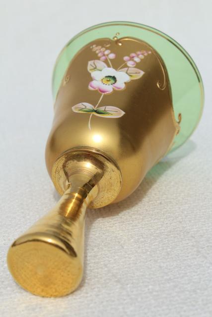 photo of vintage hand blown glass table service bell, hand painted flowers encrusted gold #4