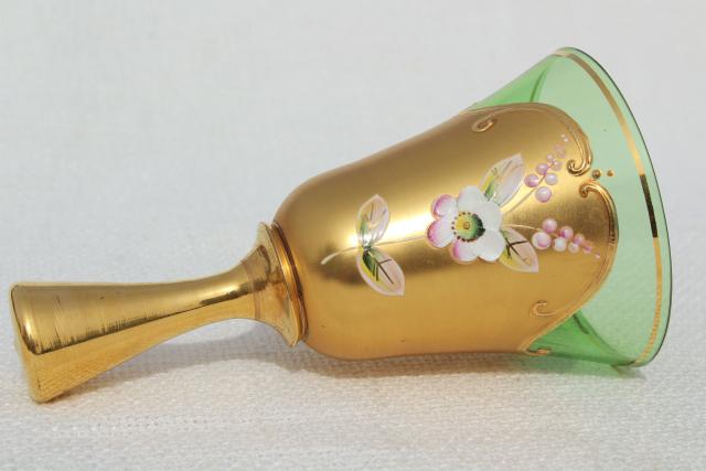 photo of vintage hand blown glass table service bell, hand painted flowers encrusted gold #5