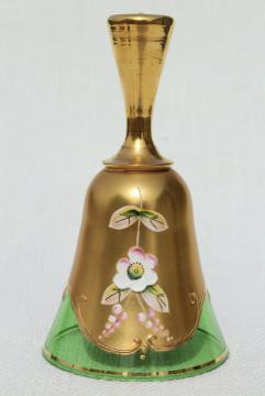 catalog photo of vintage hand blown glass table service bell, hand painted flowers encrusted gold