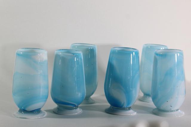 photo of vintage hand blown glass tumblers, blue & white swirl slag glass vases or drinking glasses #1