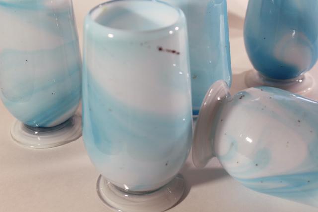 photo of vintage hand blown glass tumblers, blue & white swirl slag glass vases or drinking glasses #2