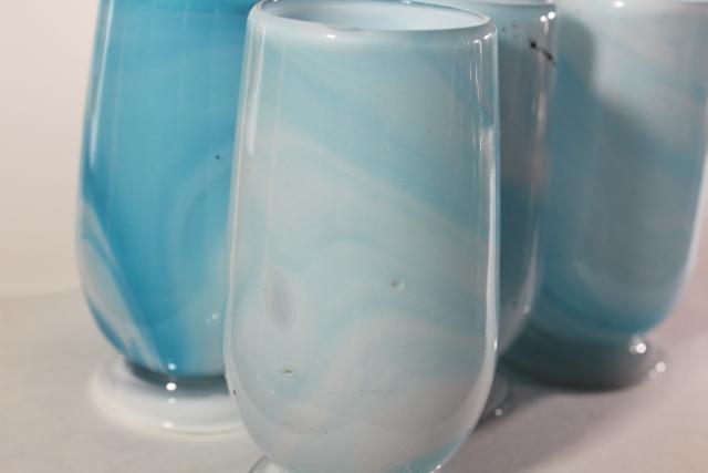 photo of vintage hand blown glass tumblers, blue & white swirl slag glass vases or drinking glasses #5