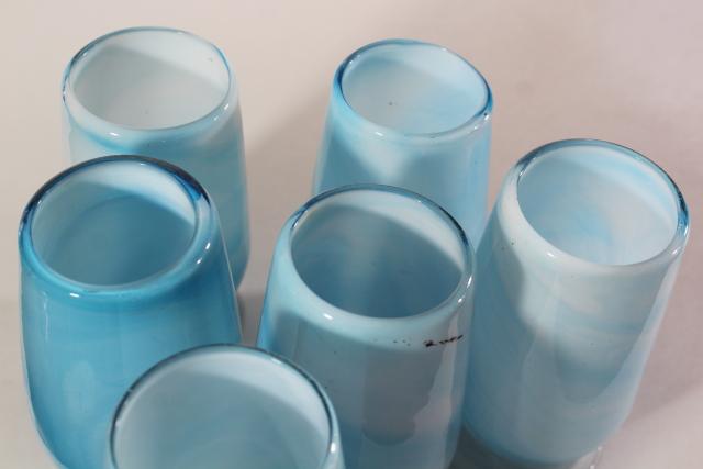 photo of vintage hand blown glass tumblers, blue & white swirl slag glass vases or drinking glasses #6