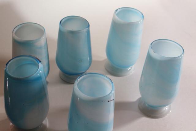 photo of vintage hand blown glass tumblers, blue & white swirl slag glass vases or drinking glasses #7