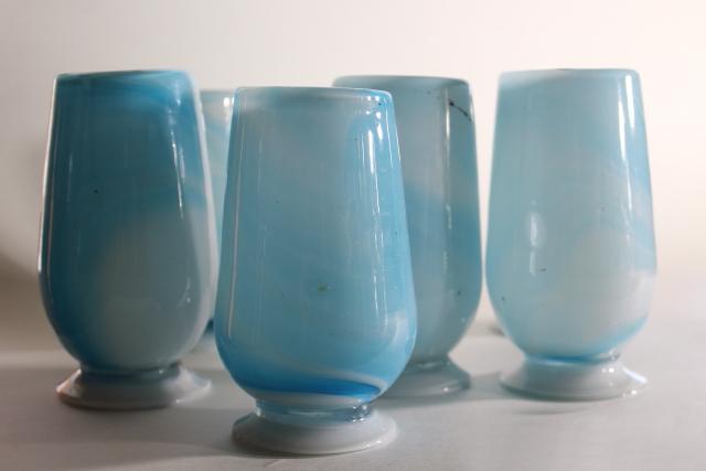 photo of vintage hand blown glass tumblers, blue & white swirl slag glass vases or drinking glasses #8