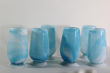 catalog photo of vintage hand blown glass tumblers, blue & white swirl slag glass vases or drinking glasses