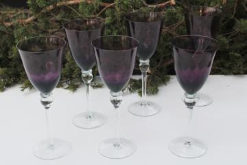 vintage hand blown glass water goblets or wine glasses, clear stems amethyst glass