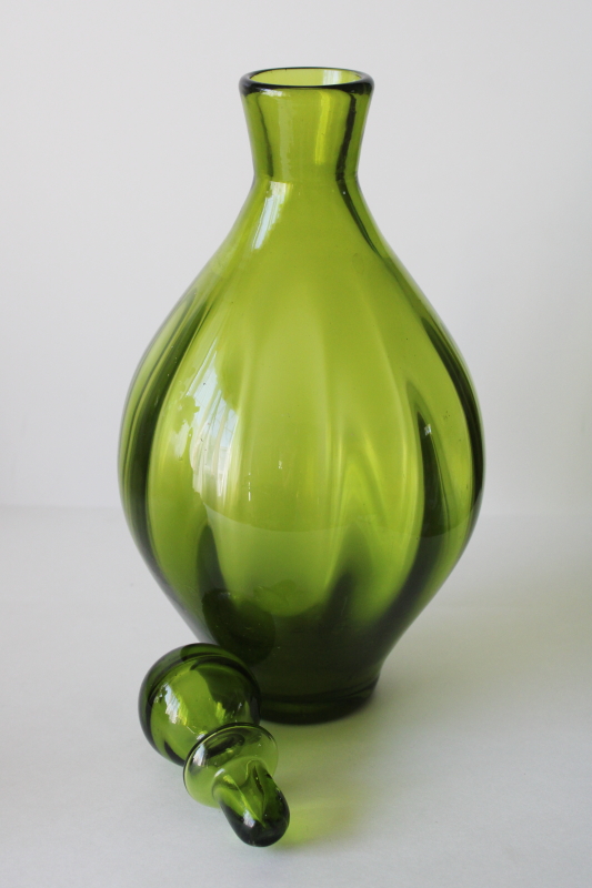 photo of vintage hand blown glass wine bottle or decanter, Blenko 646? olive green colored glass  #2