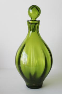 catalog photo of vintage hand blown glass wine bottle or decanter, Blenko 646? olive green colored glass 