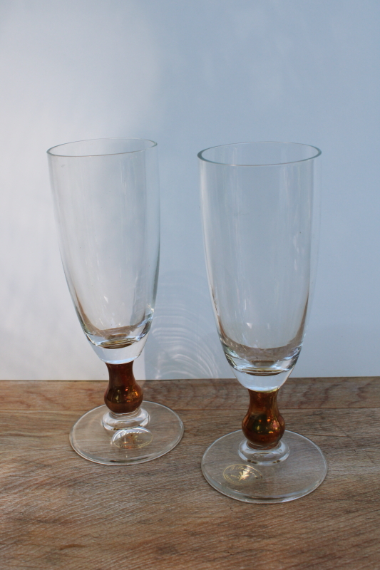 photo of vintage hand blown glass wine glasses Italy labels clear w/ copper luster stem #1