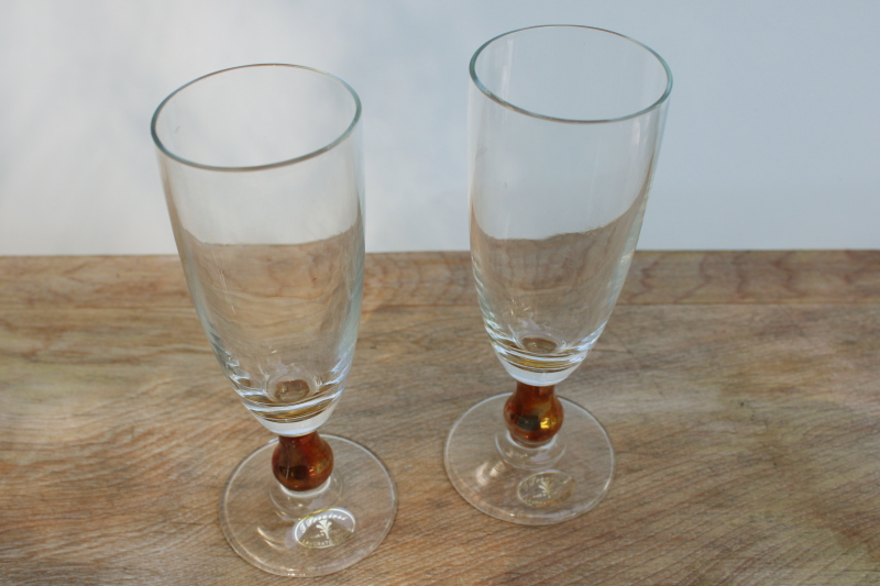 photo of vintage hand blown glass wine glasses Italy labels clear w/ copper luster stem #3