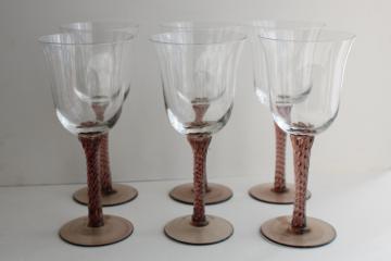 catalog photo of vintage hand blown glass wine glasses, amethyst twist stem clear bowl goblets