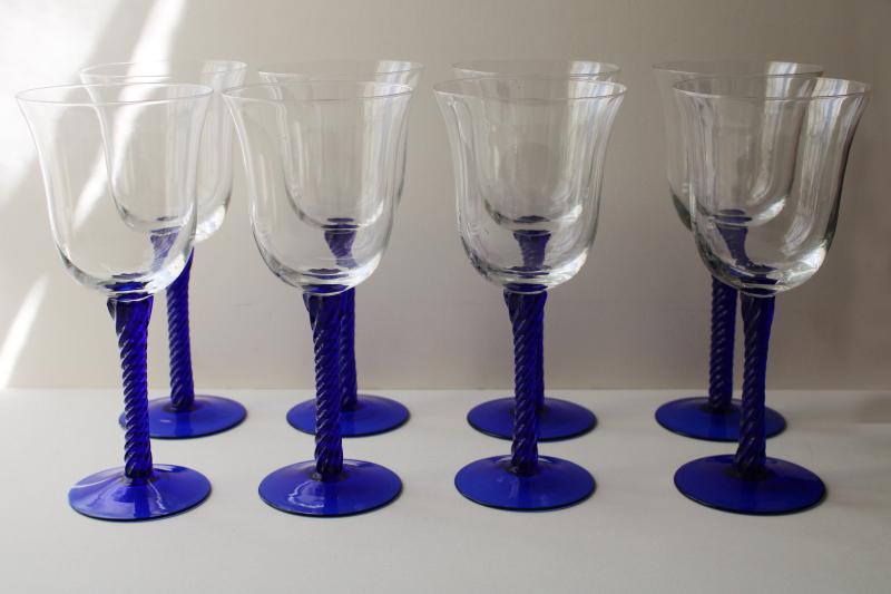 photo of vintage hand blown glass wine glasses, cobalt blue twist stem clear bowl goblets #1