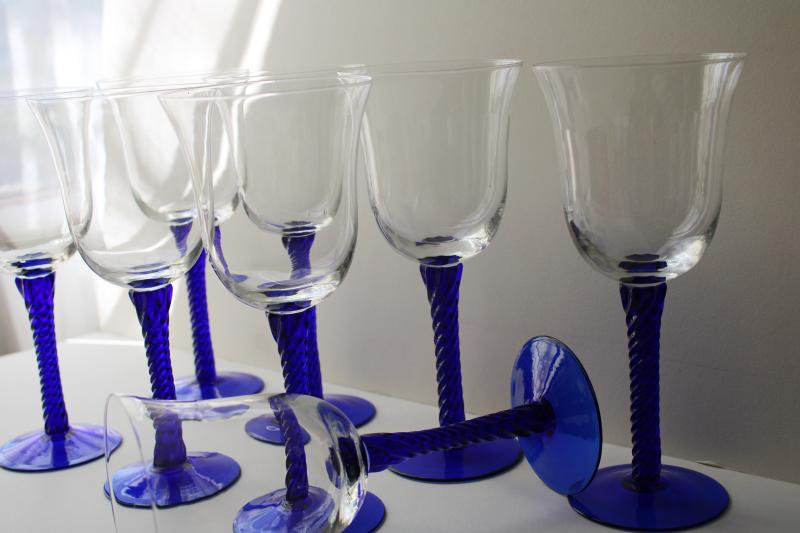 photo of vintage hand blown glass wine glasses, cobalt blue twist stem clear bowl goblets #3
