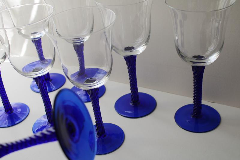 photo of vintage hand blown glass wine glasses, cobalt blue twist stem clear bowl goblets #4
