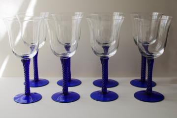 catalog photo of vintage hand blown glass wine glasses, cobalt blue twist stem clear bowl goblets