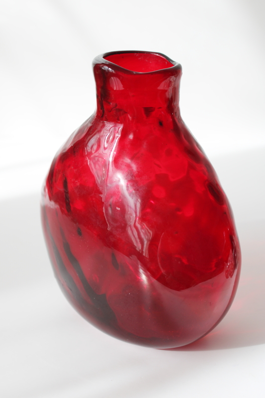 photo of vintage hand blown optic glass ruby red flask bottle vase Murano glass Italy  #5