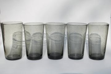 catalog photo of vintage hand blown smoke glass tumblers, twilight grey seeded bubbles drinking glasses 