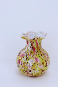 catalog photo of vintage hand blown splatter glass vase, confetti pink & yellow white cased glass