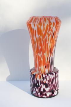 catalog photo of vintage hand blown splatter glass vase, confetti purple & orange white cased glass