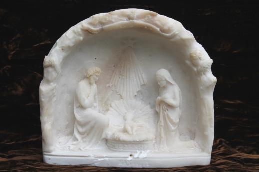 photo of vintage hand carved alabaster Nativity scene, Holy family in small grotto dated 1936 #1