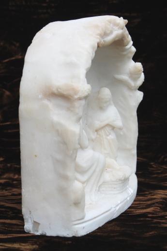 photo of vintage hand carved alabaster Nativity scene, Holy family in small grotto dated 1936 #2