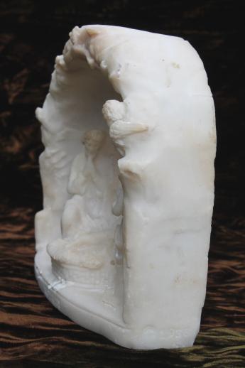 photo of vintage hand carved alabaster Nativity scene, Holy family in small grotto dated 1936 #4