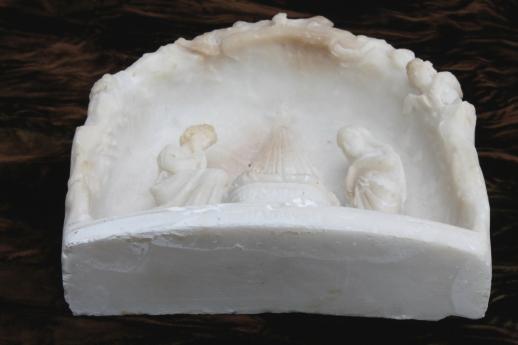 photo of vintage hand carved alabaster Nativity scene, Holy family in small grotto dated 1936 #5