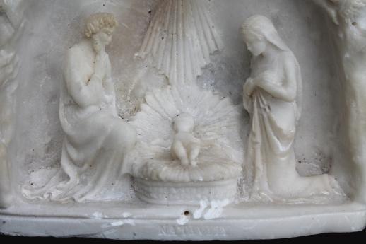 photo of vintage hand carved alabaster Nativity scene, Holy family in small grotto dated 1936 #7