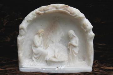 catalog photo of vintage hand carved alabaster Nativity scene, Holy family in small grotto dated 1936