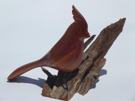 photo of vintage hand carved wood bird on natural driftwood mount, crested jay #1