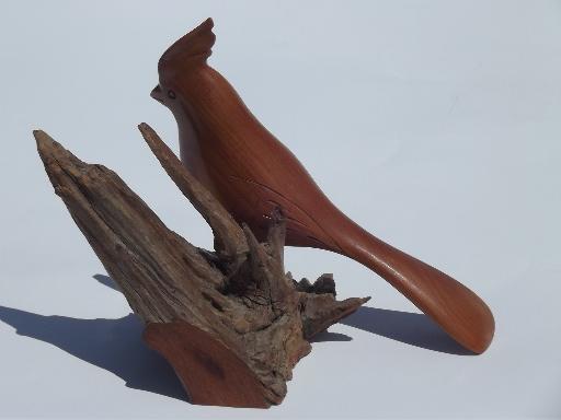 photo of vintage hand carved wood bird on natural driftwood mount, crested jay #2