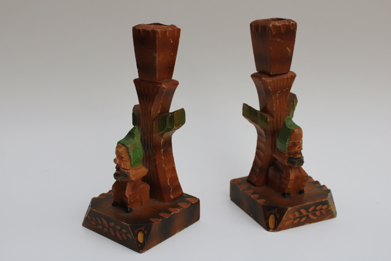 photo of vintage hand carved wood candlesticks, trees with gnomes fairy tale Black Forest Bavaria #1