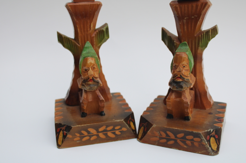 photo of vintage hand carved wood candlesticks, trees with gnomes fairy tale Black Forest Bavaria #4